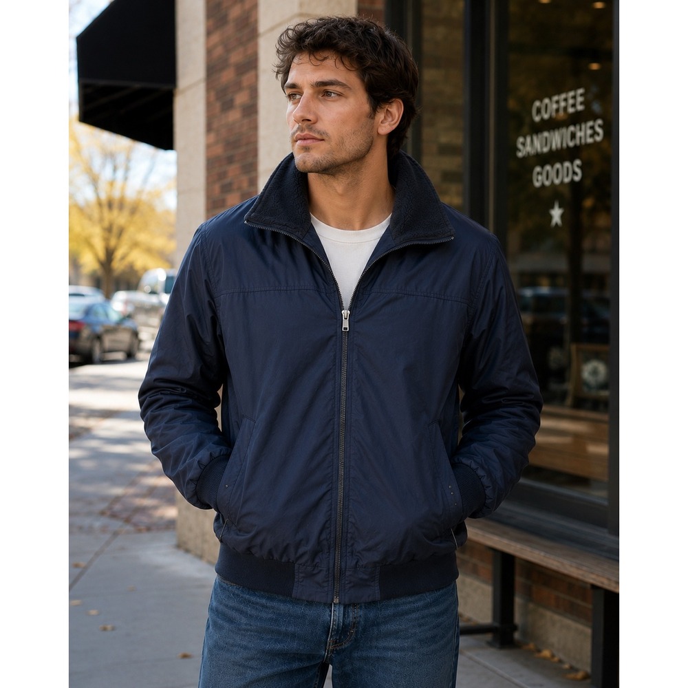 Roundtree & Yorke Mens Navy Blue Full Zip Bomber Jacket Fleece Collar Large